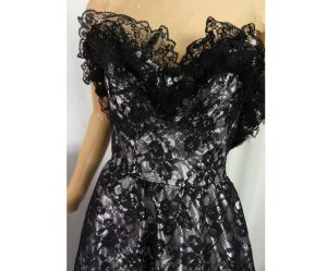 1980s Prom Black Lace and Silver Lame Party Dress Strapless Cocktail Gown - Fashionconstellate.com