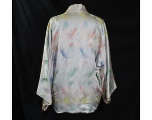 Asian Silver Brocade Kimono Robe - Ladies Size Large - Far East 1950s Pastel Rainbow Satin - Fashionconstellate.com