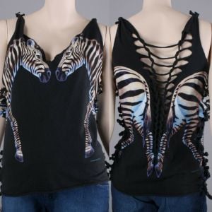 L Vintage 1990s Habitat Slashed Realistic Zebra Wrap Around Cut T Shirt Top 90s - Fashionconstellate.com