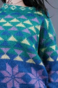 Vintage 1980s Green Purple Mohair Sweater Graphic Snowflake Poinsettia | M/L - Fashionconstellate.com