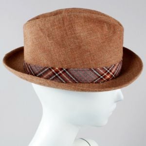 NOS 6 3/4 Vintage Brown Tweed Plaid Band Stingy Brim Pork Pie Fedora Hat Cap - Fashionconstellate.com