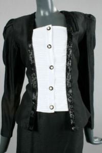Vintage 1980s Deadstock Samuel Scott Black & White Tuxedo Beaded Jacket & Skirt Suit Set | S/M - Fashionconstellate.com