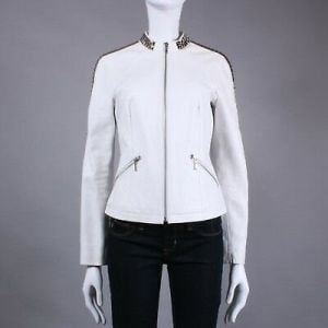 S/M Vintage 1990s Women's White Leather Studded Pentagram Metal Satanic Jacket - Fashionconstellate.com