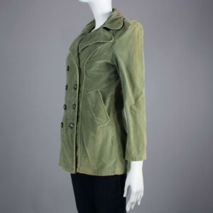 S Vintage 1990s Olive Velvet Tailored Double Breasted Light Jacket Coat - Fashionconstellate.com