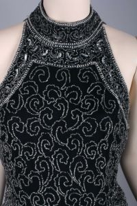Vintage 80s Papell Boutique Evening Pure Silk Black Silver Sequin Beaded Evening Top | S - Fashionconstellate.com