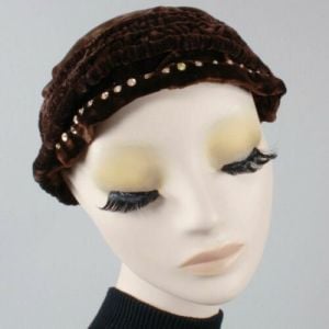 Vintage 1910s Brown-Black Velvet Beret Cloche Hat Ruched w/ Sequin Antique - Fashionconstellate.com