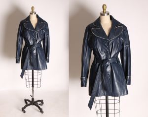 1970s Dark Blue & White Contrast Stitch Long Sleeve Button Down Belted Leather Jacket by Ms. Pioneer
