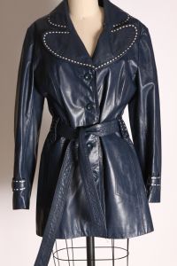 1970s Dark Blue & White Contrast Stitch Long Sleeve Button Down Belted Leather Jacket by Ms. Pioneer - Fashionconstellate.com