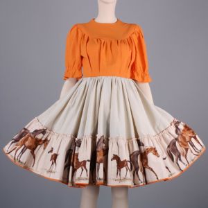 Vintage 70s VLV Horse Novelty Circle Skirt Square Dance Swing Dress MCM design | XS/S