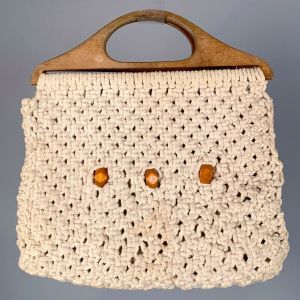 Vintage 1970s Ivory Macrame Wood Bead Top Handle Clutch Purse Handbag - Fashionconstellate.com