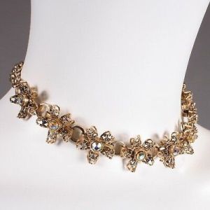 Vintage 1950s Gold Tone Filigree Flowers AB Rhinestone Choker Necklace Delicate Dainty