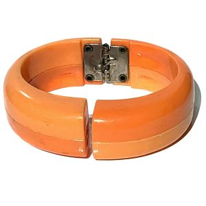 Vintage 2-tone Peach Orange Lucite Hinged Clamper Bracelet Plastic Mod