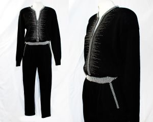 Size 10 Black 1990s Jumpsuit - Top Quality Black Knit One-Piece Catsuit with Silver Metallic Trim