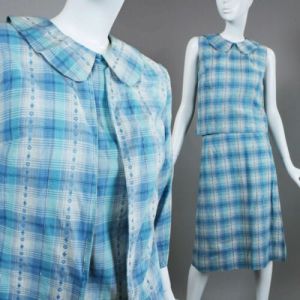 XS/S Vintage 1940s 3 Piece Blue Plaid Cotton Set w/Skirt, Top & Jacket