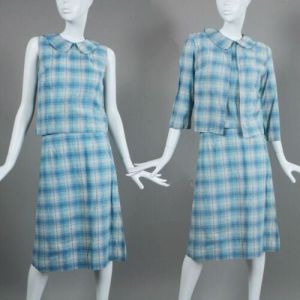 XS/S Vintage 1940s 3 Piece Blue Plaid Cotton Set w/Skirt, Top & Jacket - Fashionconstellate.com