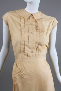L Vintage 1950s Ivory Tan Embroidered SILK Dress Skirt Top Set by Susan Thomas - Fashionconstellate.com