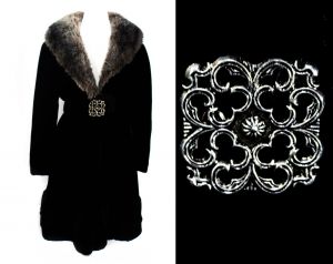 Size 10 Faux Fur Coat - Plush Black 1960s 70s Mod Overcoat - Medium Velvety Velour Outerwear