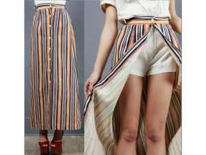 XS Vintage 1960s Stripe Maxi Skirt over SHORTS Button High Waist by Russ