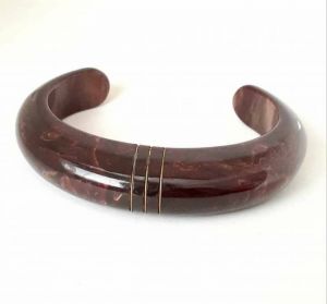 1930s Carved Marbled Bakelite Cuff Bracelet with Inlay