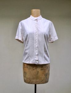 Vintage 1960s Ivory Nylon Short Sleeve Blouse, Pleated Lace Trimmed Band Collar Rockabilly Top