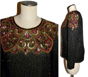 Vintage 80's Black Silk BEADED Top | Colorful Sequin Neckline | S - Fashionconstellate.com