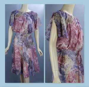 Vintage Dress, Multi Color Abstract Pattern Dress, Split Sleeve, Summer Dress, B36 W28