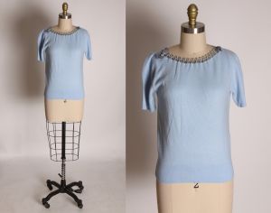 1950s Light Blue Woven Bow Neckline Short Sleeve Pullover Sweater Blouse - S