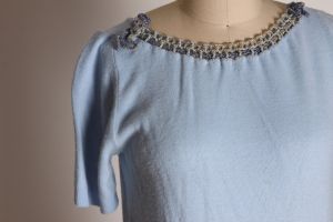 1950s Light Blue Woven Bow Neckline Short Sleeve Pullover Sweater Blouse - S - Fashionconstellate.com