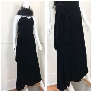 1980's Vintage Black Silk Velvet Strapless Gown with Draped Hip | Best fit Extra Small to Small