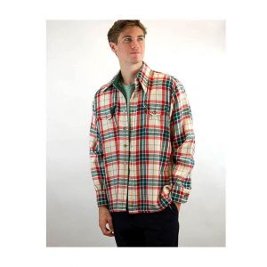 1970s mens shirt plaid red green tweed acrylic winter shirt work shirt Size L