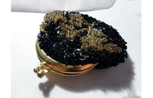 Black Beaded Sequin Mini Purse Vintage 60s Coin Purse with Gold Flowers, Kiss Snap Closure - Fashionconstellate.com