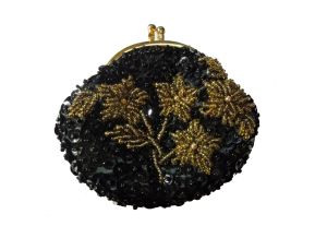 Black Beaded Sequin Mini Purse Vintage 60s Coin Purse with Gold Flowers, Kiss Snap Closure