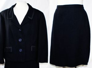 Size 14 1950s Suit - Navy Blue Wool Tweed Tailored Jacket & Skirt - Late 50s Early 60s Classic
