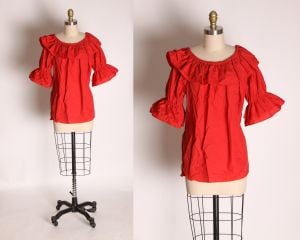 1970s Red Half Sleeve Ruffle Off the Shoulder Shirt Blouse by Malco Modes - XL