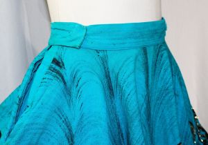 Size 4 Mexican Circle Skirt - Small 1950s Hand Painted Turquoise Blue & Black Sequin Feather Border - Fashionconstellate.com