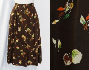 Size 00 Rayon Print Skirt - 1940s Inspired Cocoa Brown Orange Jade Green Autumn Leaves  - XXS 1990s