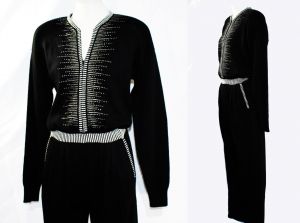 Size 10 Black 1990s Jumpsuit - Top Quality Black Knit One-Piece Catsuit with Silver Metallic Trim - Fashionconstellate.com