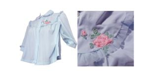Vintage 1950s Bedjacket Baby Blue Ruffles and Rose Trim Bed Jacket by Laros