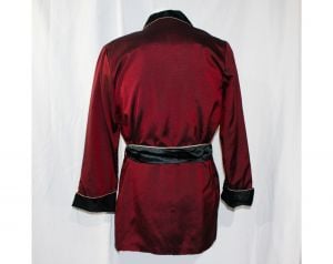 Men's Small Smoking Jacket 1950s Asian Maroon Red Sharkskin Robe with Black Trim - 50s Lounge - Fashionconstellate.com