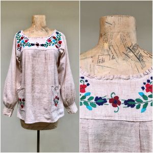 Vintage 1960s Mexican Peasant Top, Floral Embroidered Boho Smock, Rustic Natural Woven Cotton Blouse