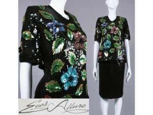 Vintage 1980s NOS Eves Allure Floral Sequin Cocktail Skirt Top Dress Set 80s | M/L