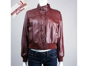Vintage 1980s Oxblood Red Leather Cropped Bomber Jacket Coat Hidden Hood | S