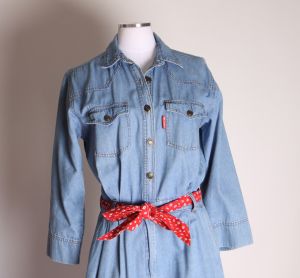 1980s Light Blue 3/4 Length Sleeve Button Up & Zippered Belted Denim Jumpsuit by Gloria Vanderbilt - Fashionconstellate.com