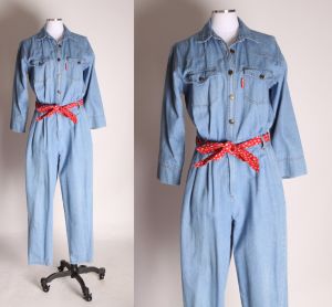 1980s Light Blue 3/4 Length Sleeve Button Up & Zippered Belted Denim Jumpsuit by Gloria Vanderbilt