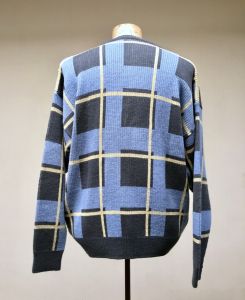 Vintage 1980s Men's Cardigan Blue Gray Plaid Acrylic Sweater Oversized New Wave Knit Drop Shoulders - Fashionconstellate.com