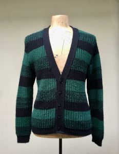 Vintage 1980s Jantzen Men's Cardigan Green Black Striped Ribbed Sweater Acrylic Knit Boyfriend 