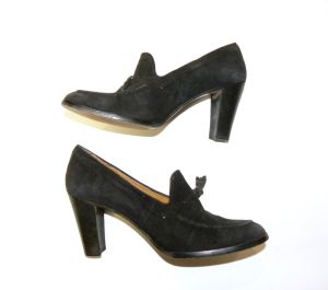 Vintage Black Kid Luxe Suede Pumps Tassel Block Heel | David Aaron Handmade Spain | Size 6.5 - Fashionconstellate.com