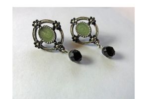 Vintage Victorian Style Oval Earrings Seed Pearls Enamel Black Crystal Drop Open Work Flowers