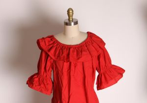 1970s Red Half Sleeve Ruffle Off the Shoulder Shirt Blouse by Malco Modes - XL - Fashionconstellate.com