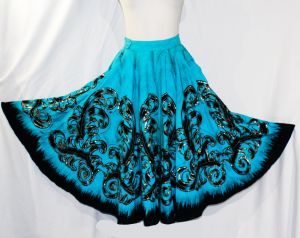 Size 4 Mexican Circle Skirt - Small 1950s Hand Painted Turquoise Blue & Black Sequin Feather Border